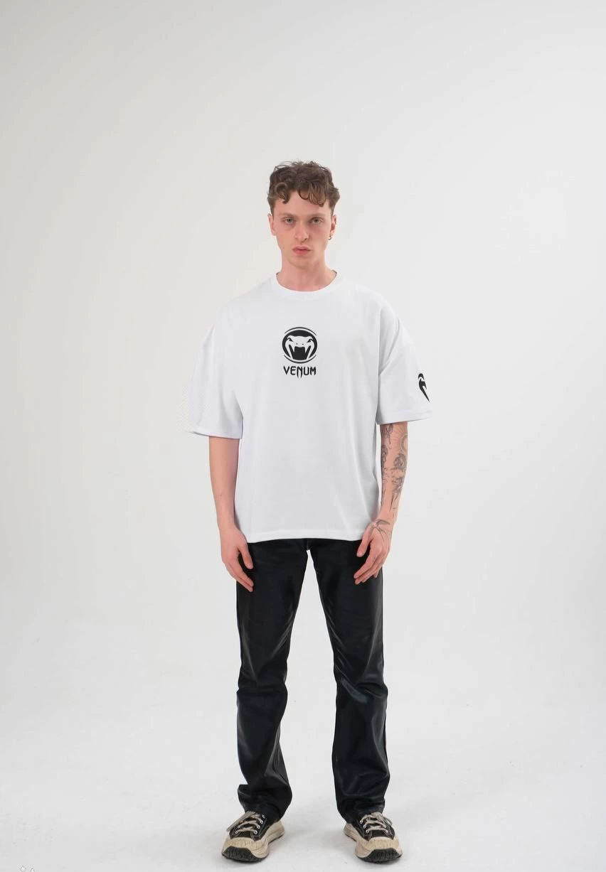 ASSEMA Erkek Bisiklet Yaka Baskılı Oversize Kısa kol  T-Shirt - Beyaz