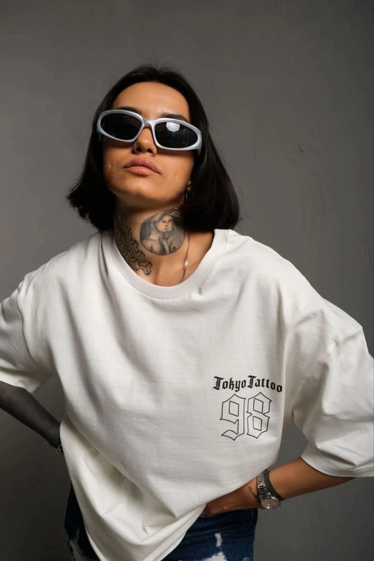 ASSEMA kadın Bisiklet Yaka Baskılı Oversize Kısa kol  T-Shirt - Beyaz