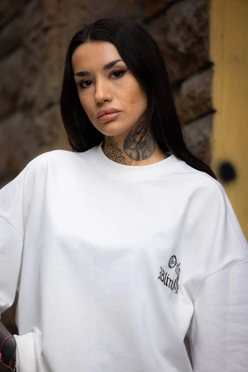 ASSEMA kadın Bisiklet Yaka Baskılı  Kısa kol Oversize T-Shirt - Beyaz