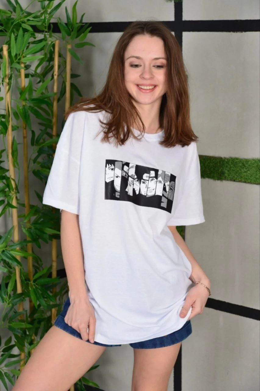 ASSEMA Kadın Bisiklet Yaka Baskılı  Kısa kol Oversize T-Shirt - Beyaz