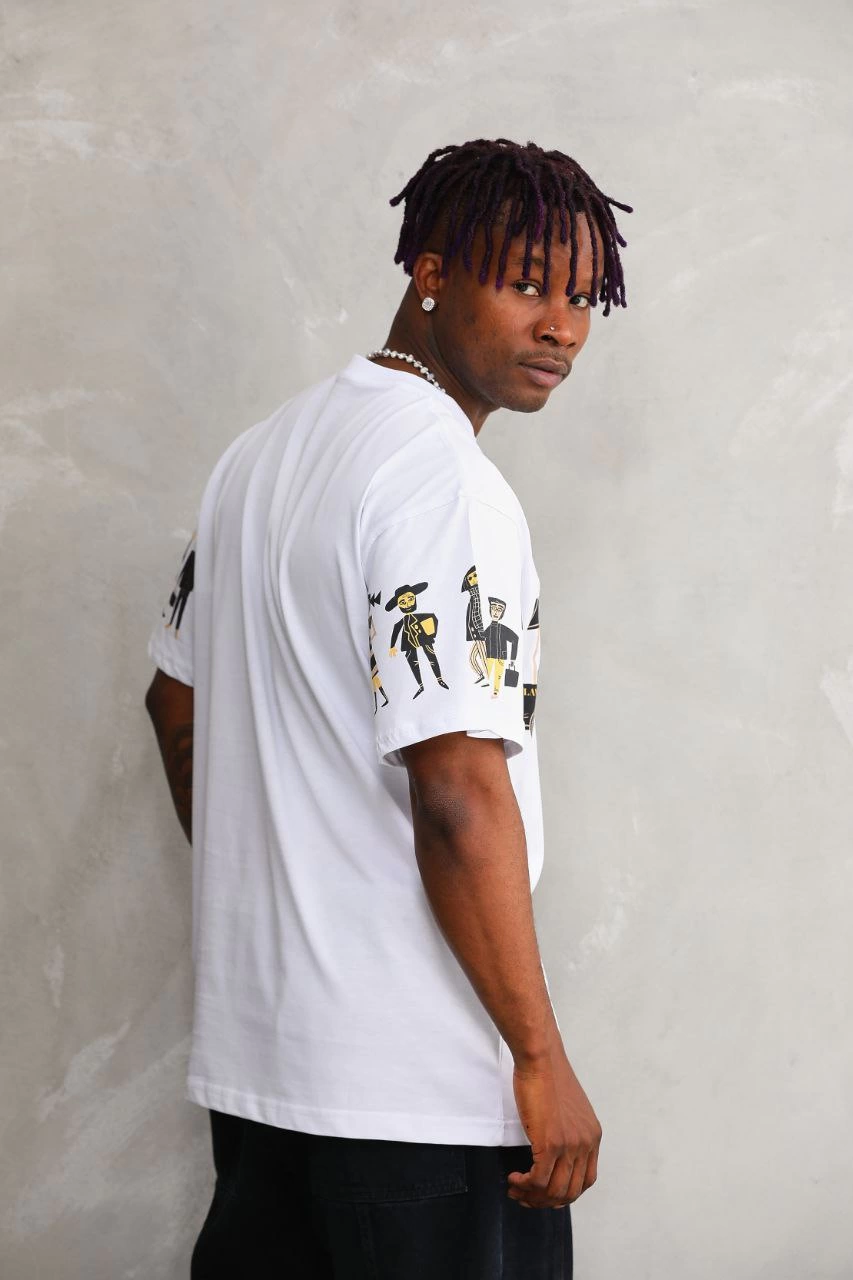 ASSEMA Erkek  Bisiklet Yaka Baskılı Oversize T-Shirt - Beyaz