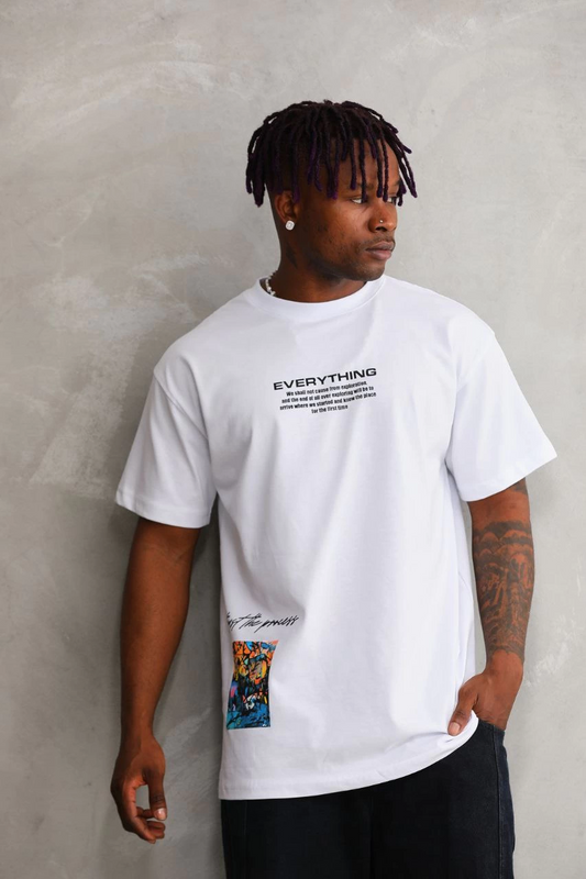 ASSEMA Erkek Bisiklet Yaka Baskılı Oversize T-Shirt - Beyaz