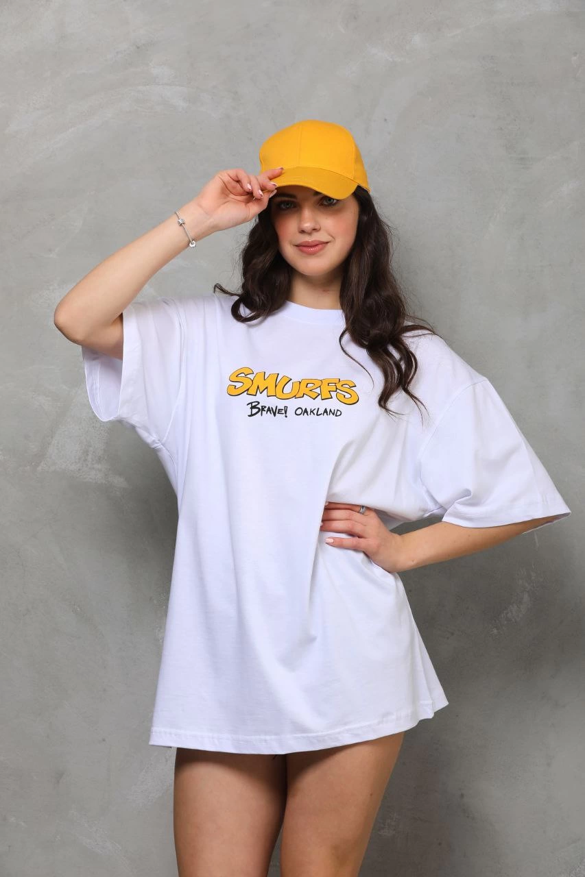 ASSEMA kadın Bisiklet Yaka Baskılı Oversize T-Shirt - Beyaz