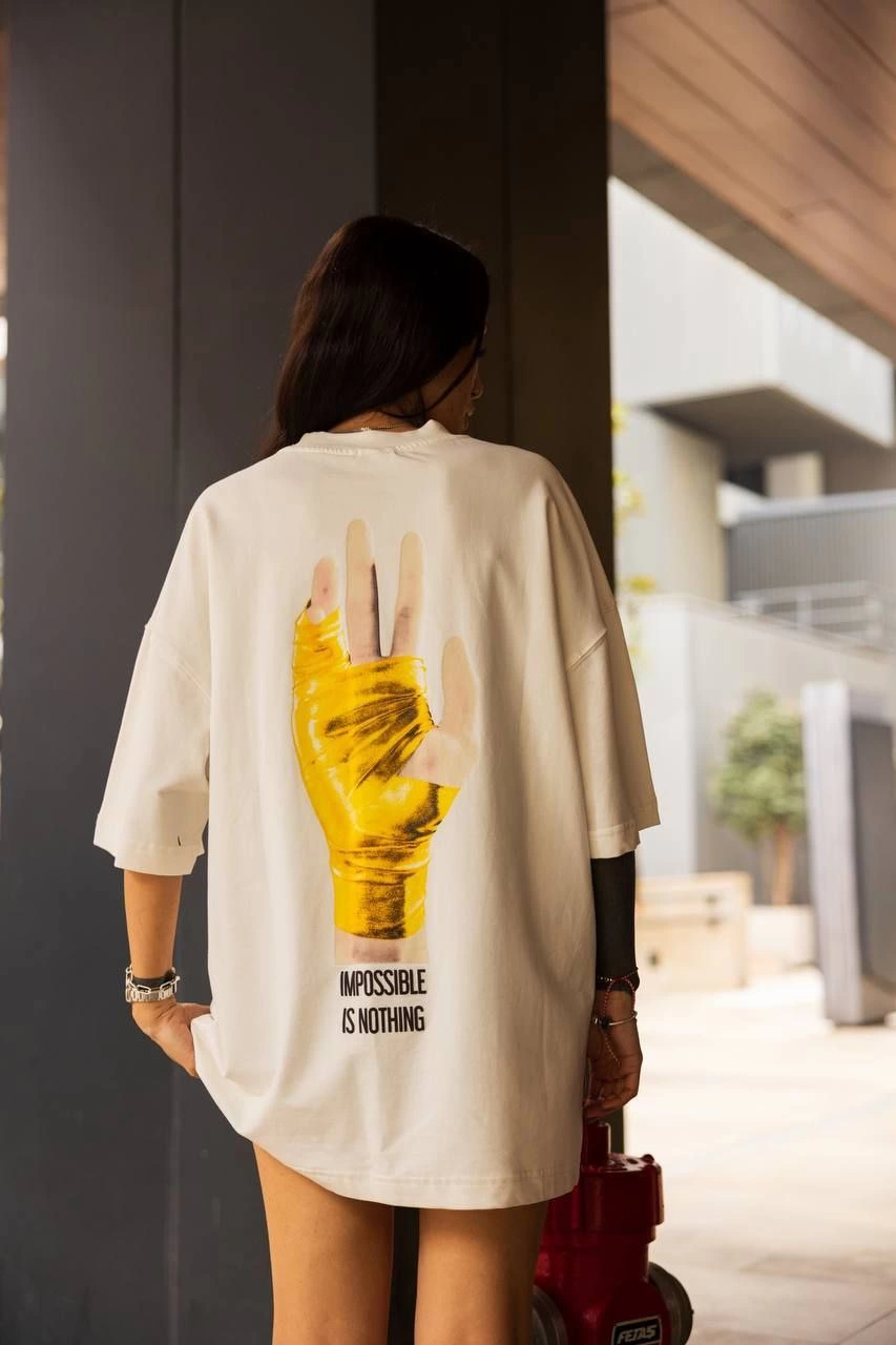 ASSEMA Kadın Bisiklet Yaka Baskılı Oversize  Kısa kol T-Shirt - Beyaz