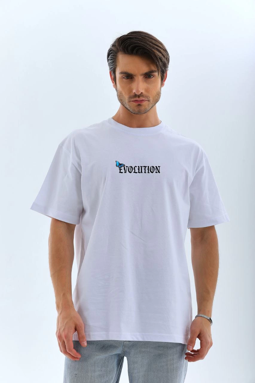ASSEMA Erkek  Bisiklet Yaka Kelebek Baskılı Oversize T-Shirt - Beyaz