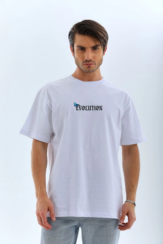 ASSEMA Erkek  Bisiklet Yaka Kelebek Baskılı Oversize T-Shirt - Beyaz