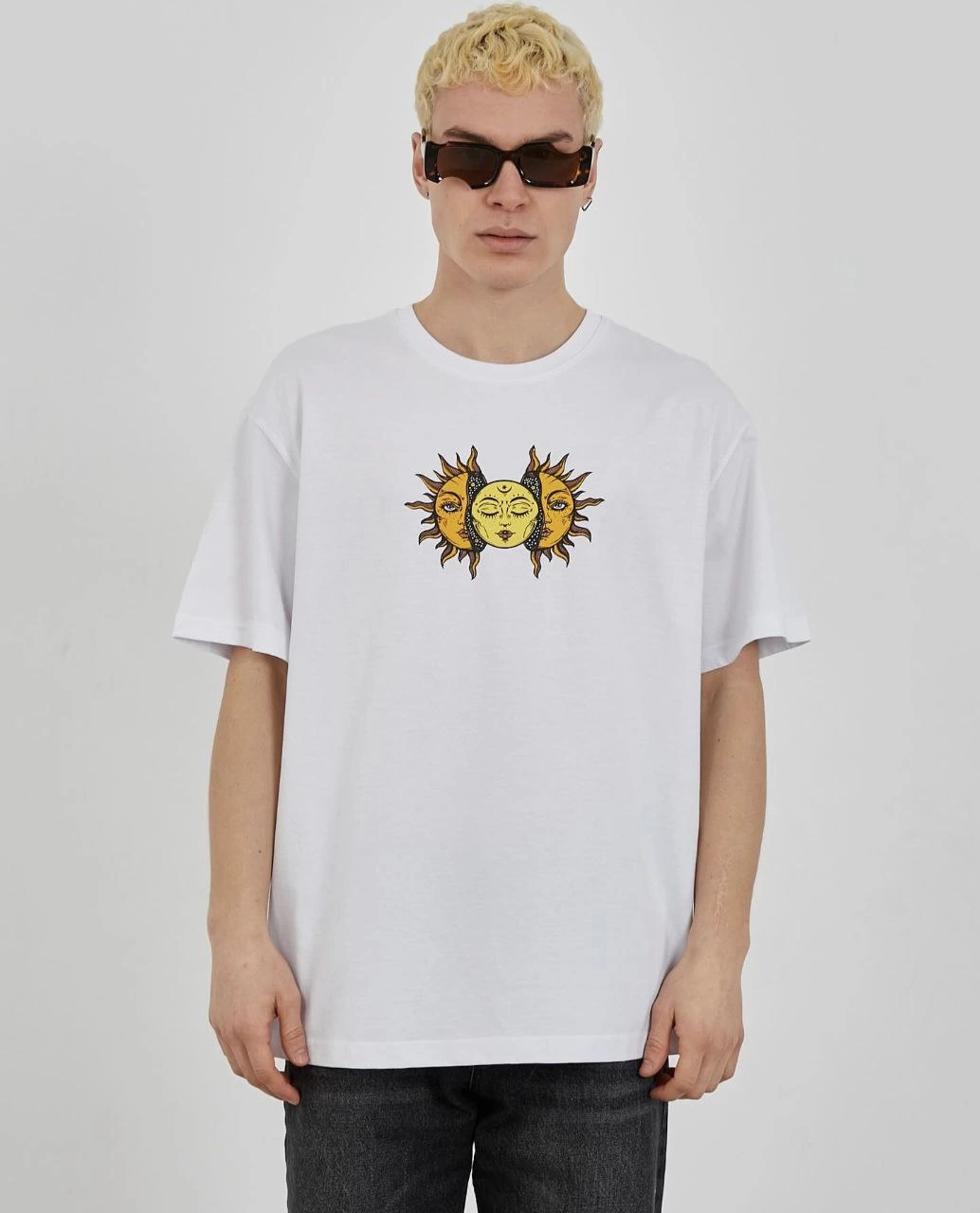 ASSEMA Erkek  Bisiklet Yaka Baskılı Oversize T-Shirt - Beyaz
