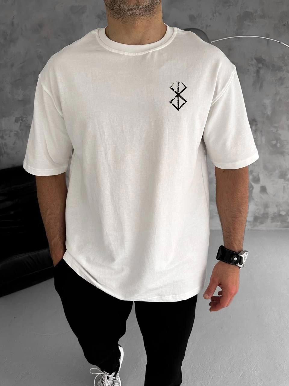 ASSEMA Erkek  Bisiklet Yaka Baskılı Oversize T-Shirt - Beyaz