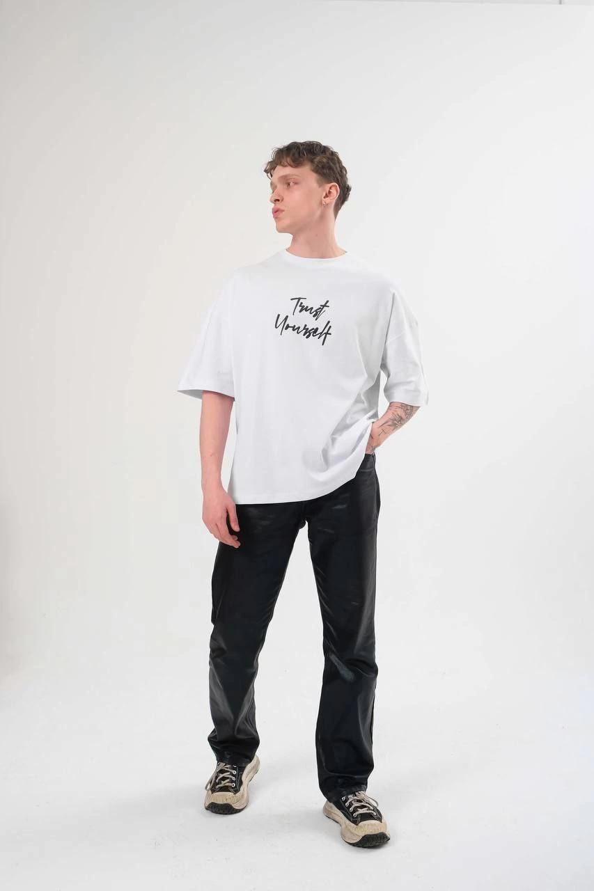 ASSEMA Erkek Bisiklet Yaka Baskılı Kısa kol Oversize T-Shirt - Beyaz