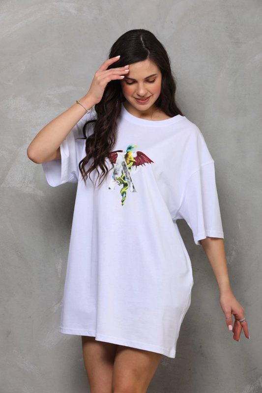 ASSEMA Unisex Bisiklet Yaka Baskılı Oversize T-Shirt - Beyaz