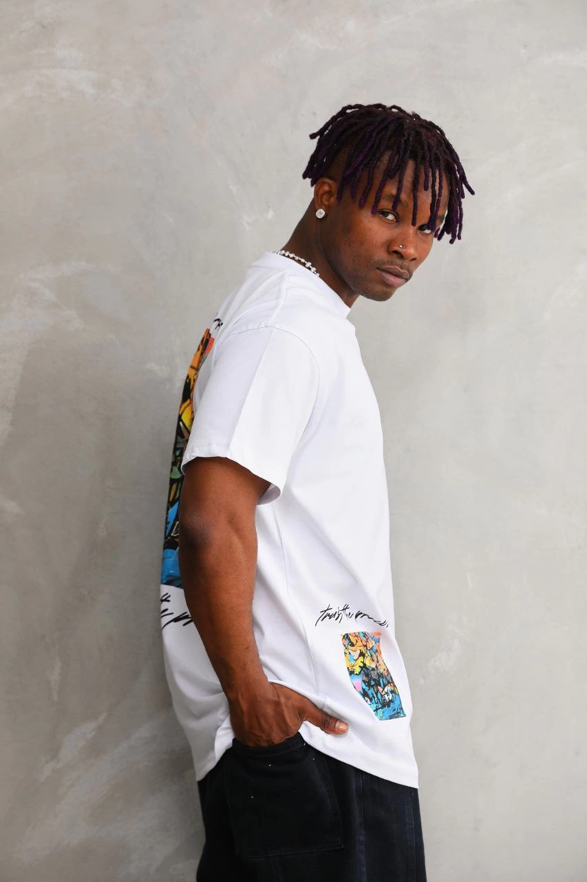 ASSEMA Erkek Bisiklet Yaka Baskılı Oversize T-Shirt - Beyaz
