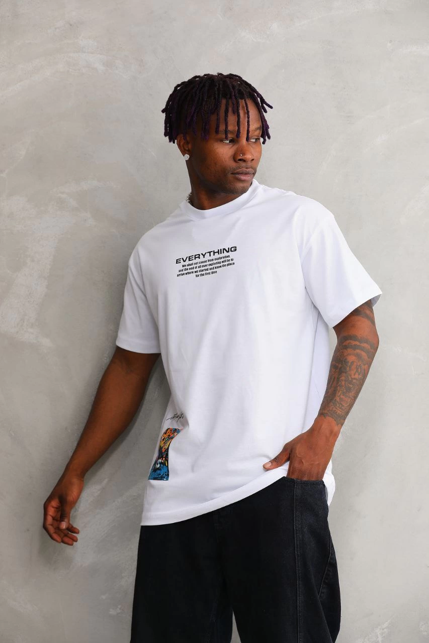 ASSEMA Erkek Bisiklet Yaka Baskılı Oversize T-Shirt - Beyaz