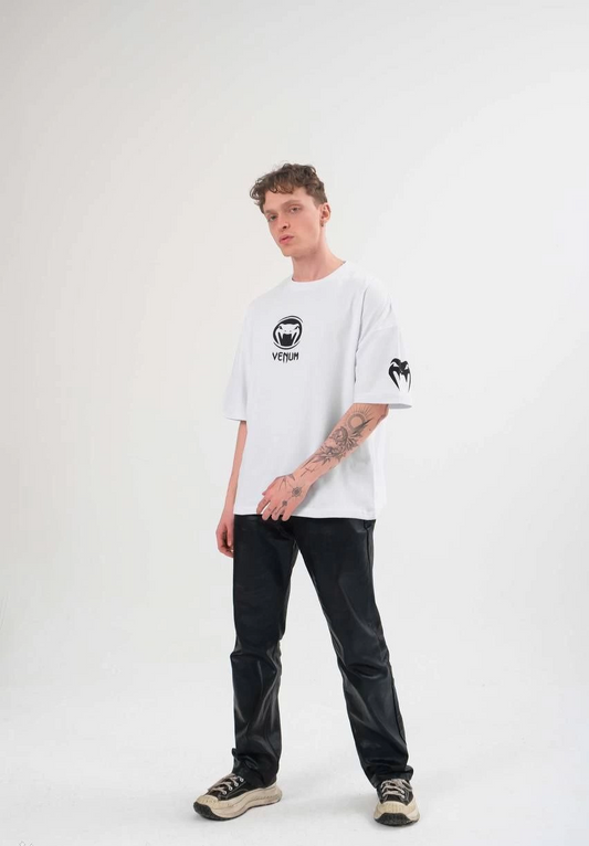 ASSEMA Erkek Bisiklet Yaka Baskılı Oversize Kısa kol  T-Shirt - Beyaz