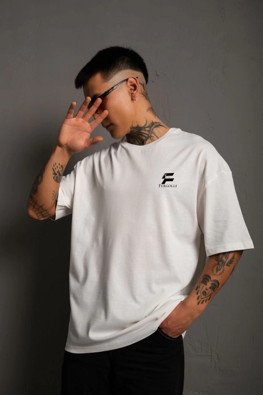 ASSEMA Erkek Bisiklet Yaka Baskılı Oversize T-Shirt - Beyaz