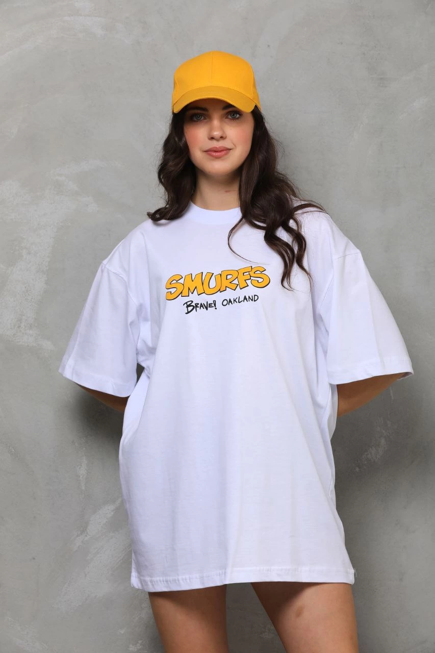 ASSEMA kadın Bisiklet Yaka Baskılı Oversize T-Shirt - Beyaz