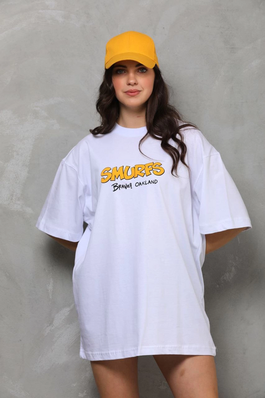 ASSEMA kadın Bisiklet Yaka Baskılı Oversize T-Shirt - Beyaz