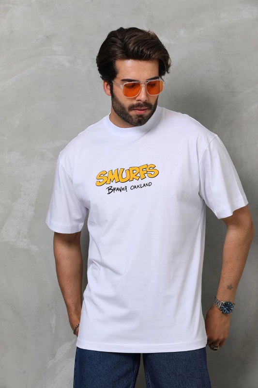 ASSEMA Erkek  Bisiklet Yaka Baskılı Oversize T-Shirt - Beyaz