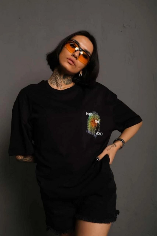 ASSEMA kadın Bisiklet Yaka Baskılı Oversize Kısa kol  T-Shirt - Siyah