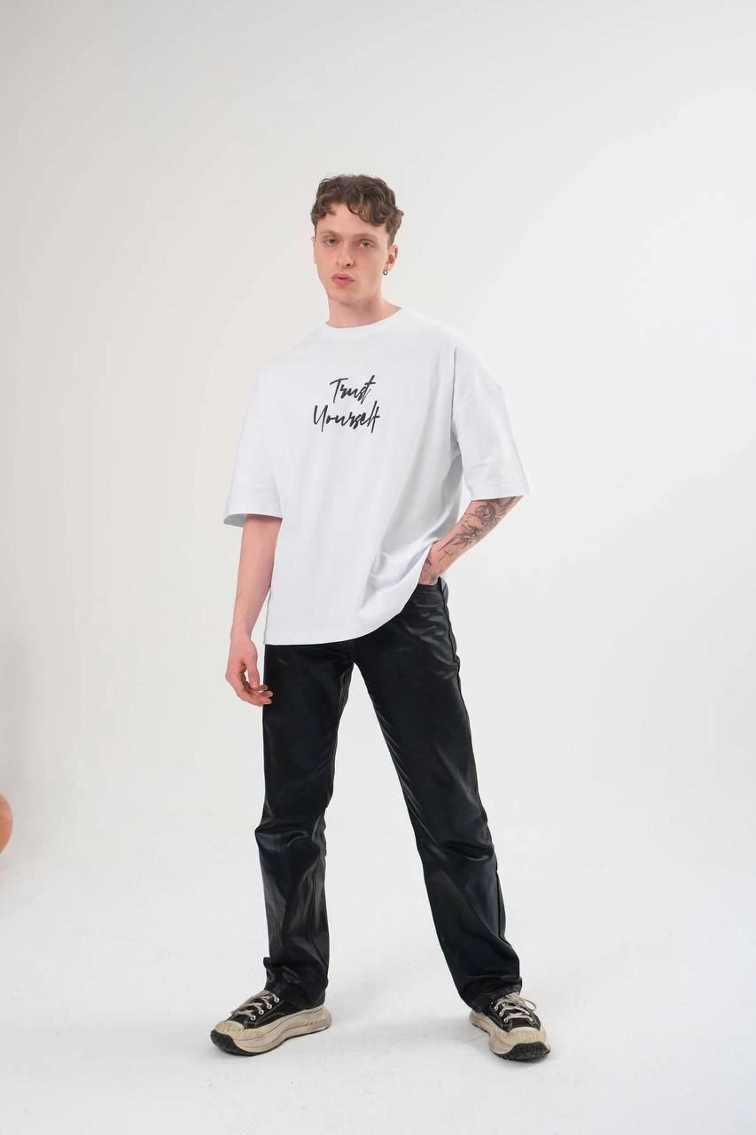 ASSEMA Erkek Bisiklet Yaka Baskılı Kısa kol Oversize T-Shirt - Beyaz