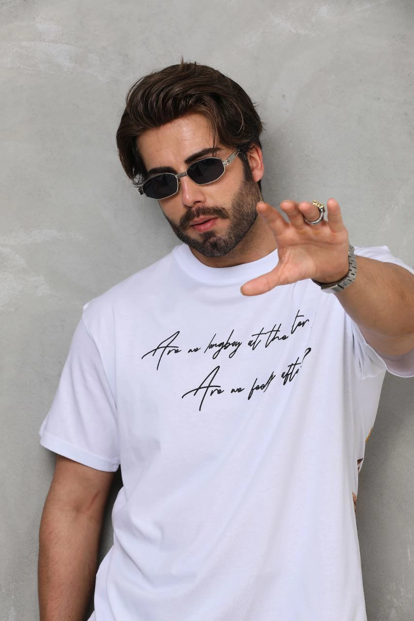 ASSEMA Erkek  Bisiklet Yaka Baskılı Oversize T-Shirt - Beyaz