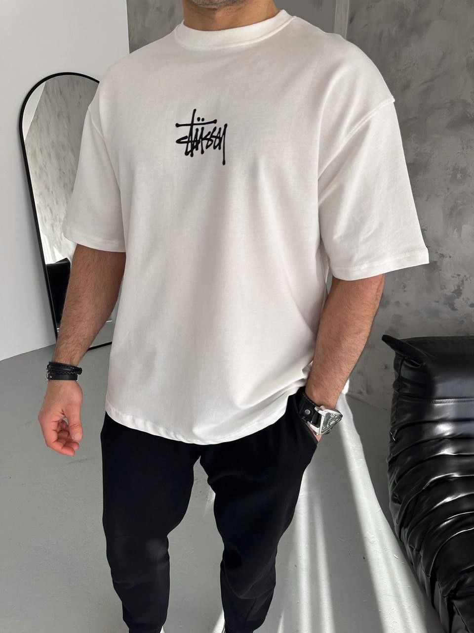 ASSEMA Bisiklet Yaka Baskılı Oversize  Kısa kol T-Shirt - Beyaz