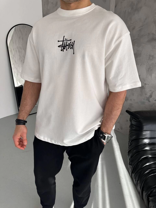 ASSEMA Bisiklet Yaka Baskılı Oversize  Kısa kol T-Shirt - Beyaz