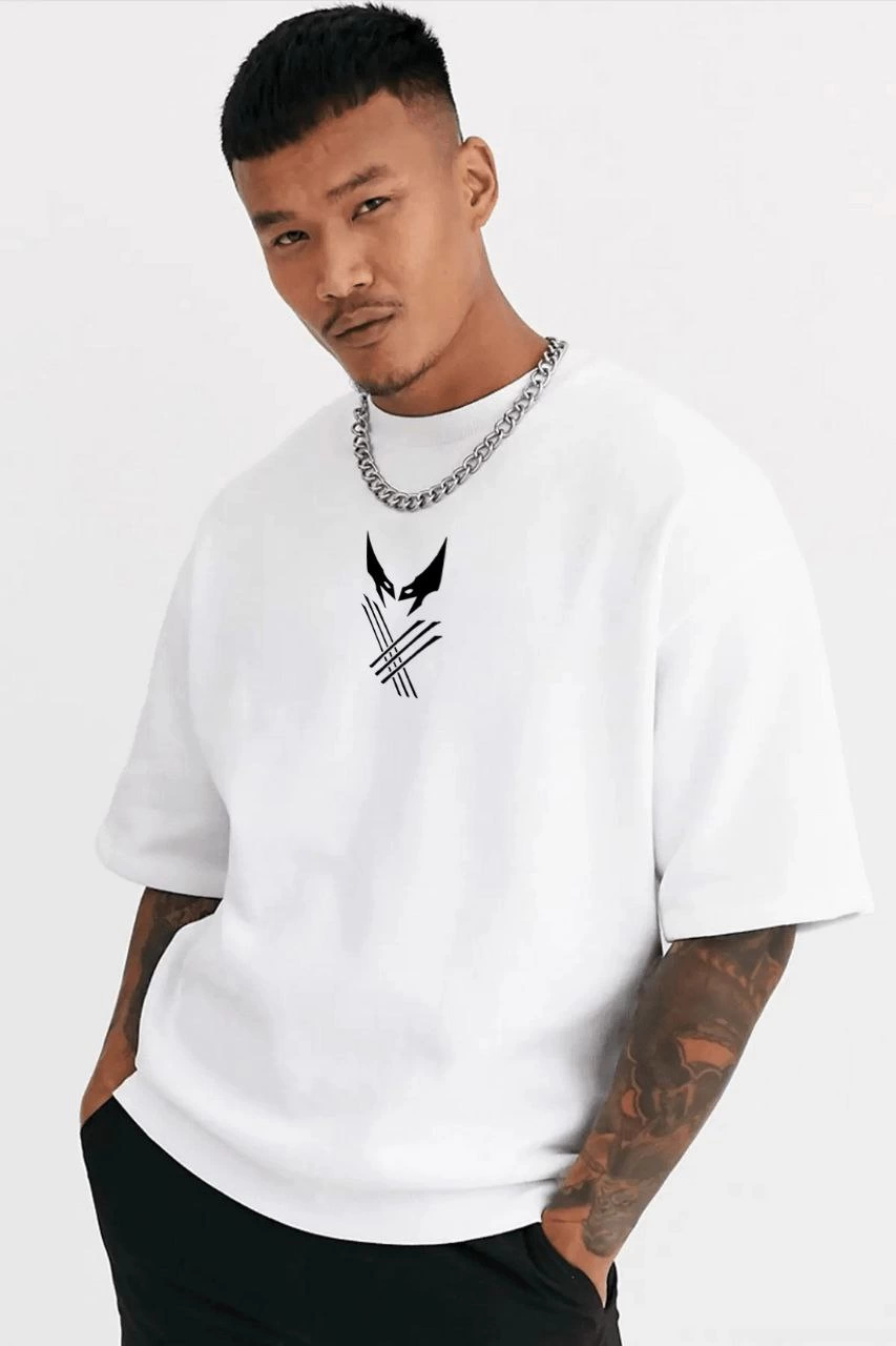 ASSEMA ERKEK Bisiklet Yaka Baskılı Oversize T-Shirt - Beyaz