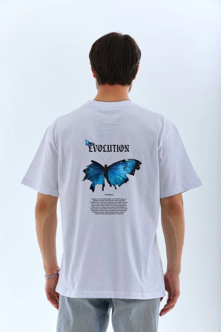 ASSEMA Erkek  Bisiklet Yaka Kelebek Baskılı Oversize T-Shirt - Beyaz