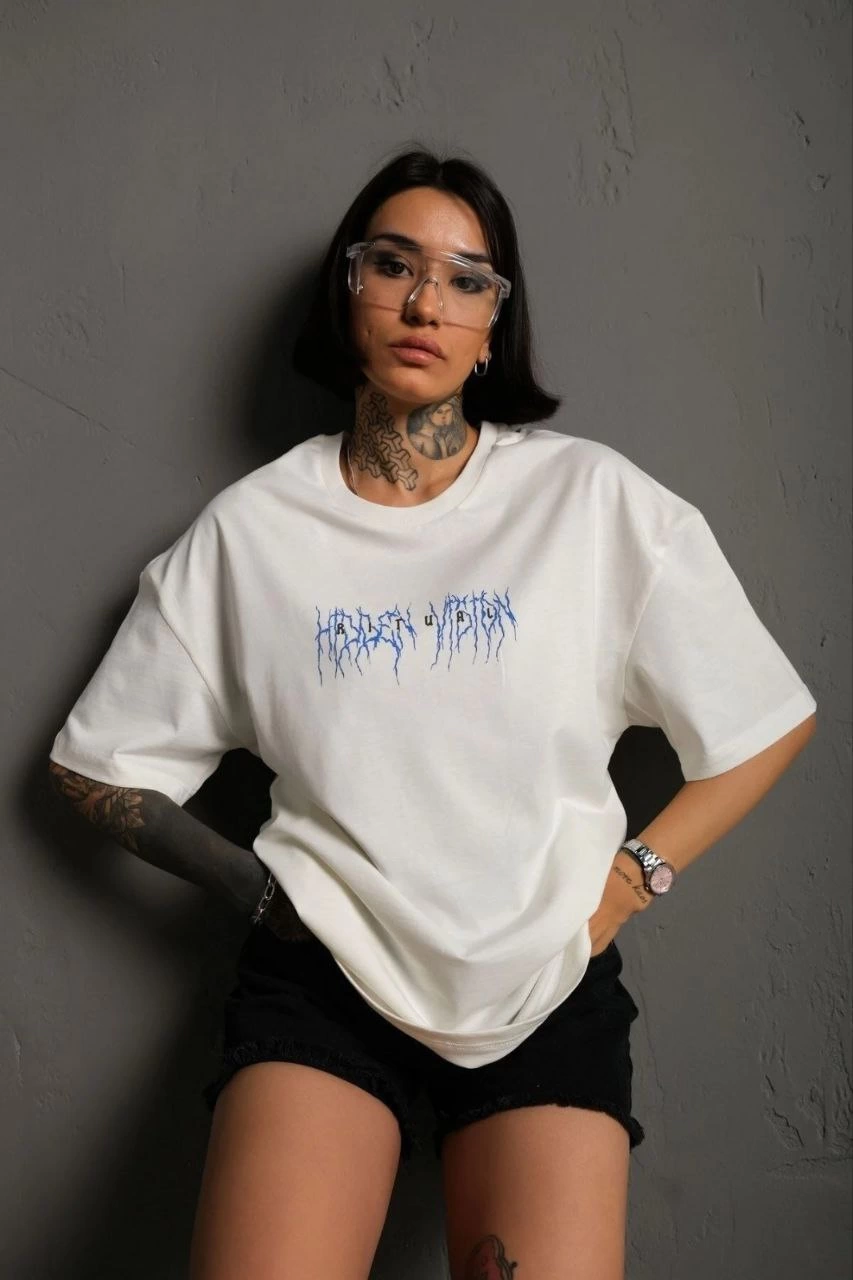 ASSEMA kadın Bisiklet Yaka Baskılı Oversize Kısa kol  T-Shirt - Beyaz