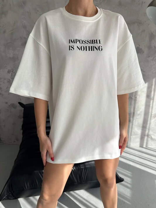 ASSEMA kadın Bisiklet Yaka Baskılı Oversize  Kısa kol T-Shirt - Beyaz