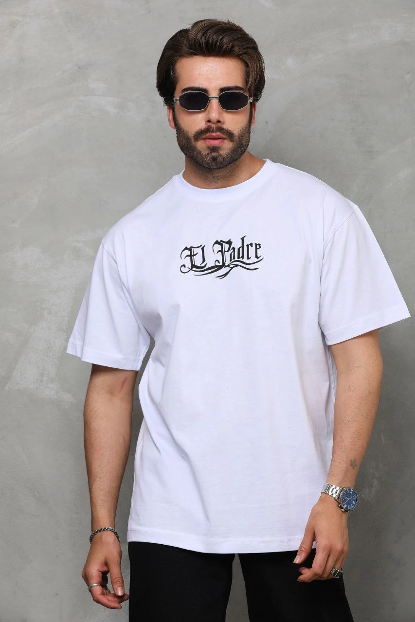 ASSEMA Erkek Bisiklet Yaka Baskılı Oversize T-Shirt - Beyaz