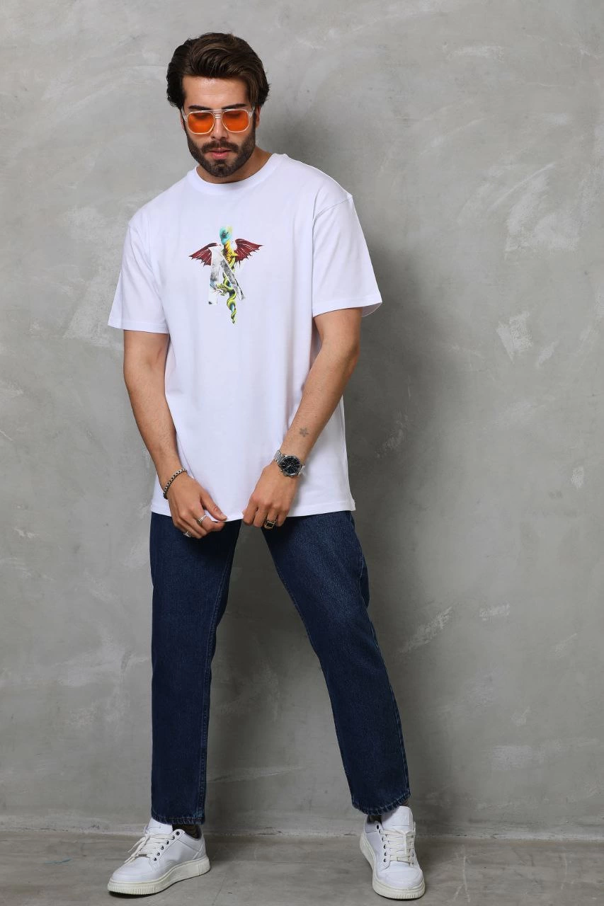 ASSEMA Erkek Baskılı T-Shirt Kısa Kol Bisiklet Yaka Regular Fit Rahat Kalıp Tişört -  Beyaz