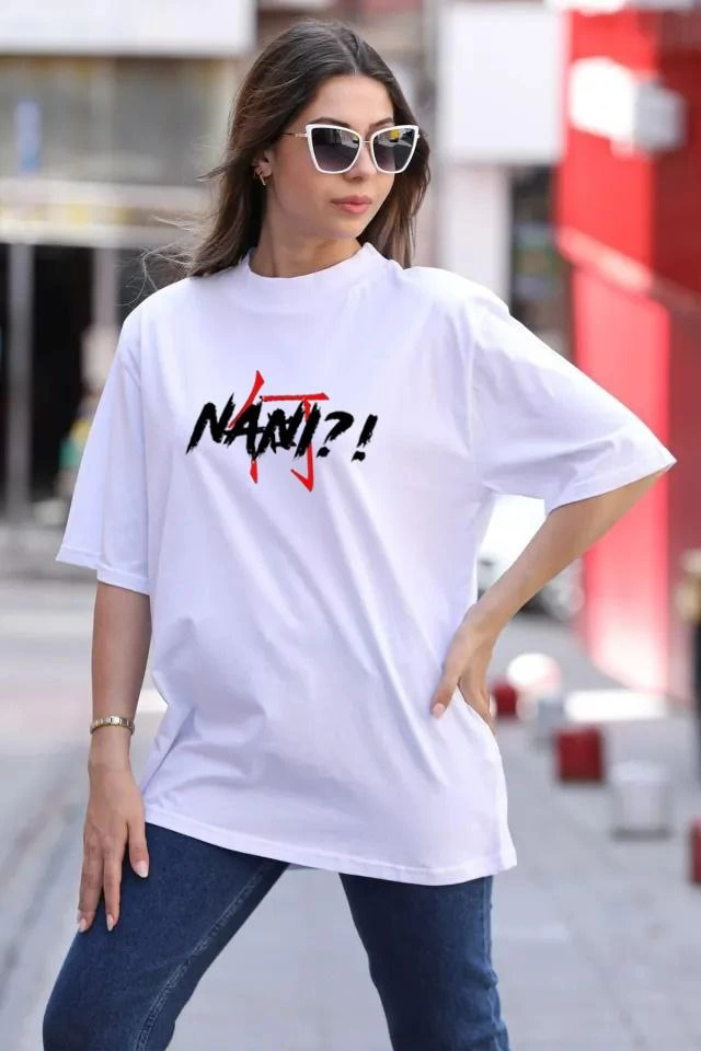 ASSEMA Kadın Baskılı T-Shirt Kısa Kol Bisiklet Yaka  Ovarsize Rahat Kalıp Günlük Tişört  - Beyaz