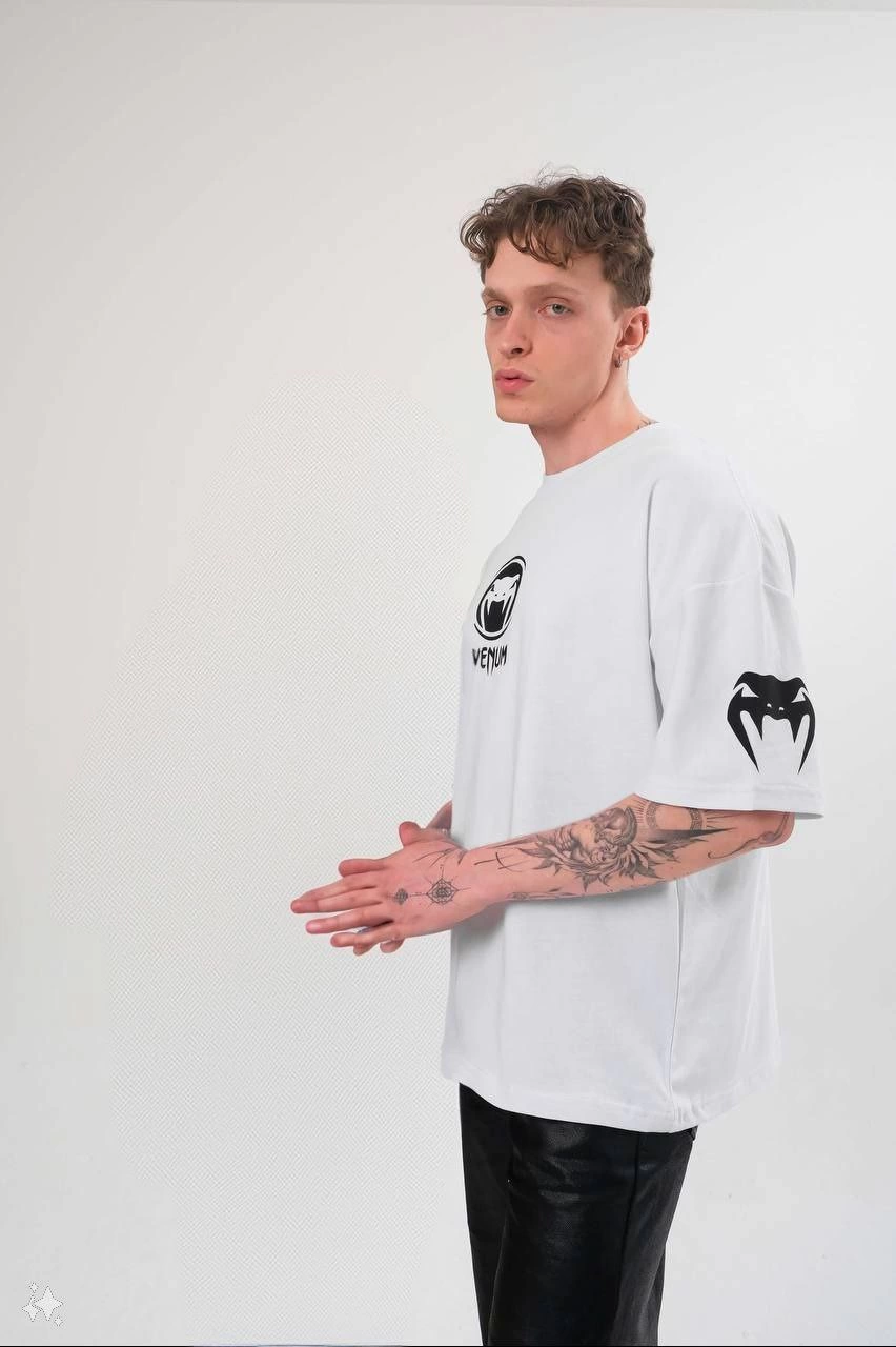 ASSEMA Erkek Bisiklet Yaka Baskılı Oversize Kısa kol  T-Shirt - Beyaz