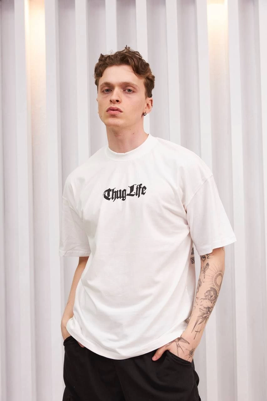 ASSEMA ERKEK Bisiklet Yaka Baskılı Oversize Kısa kol  T-Shirt - Beyaz