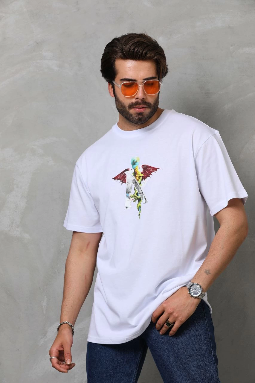 ASSEMA Erkek Baskılı T-Shirt Kısa Kol Bisiklet Yaka Regular Fit Rahat Kalıp Tişört -  Beyaz