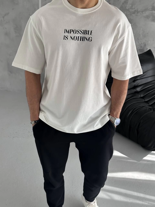 ASSEMA Erkek Bisiklet Yaka Baskılı Oversize  Kısa kol T-Shirt - Beyaz