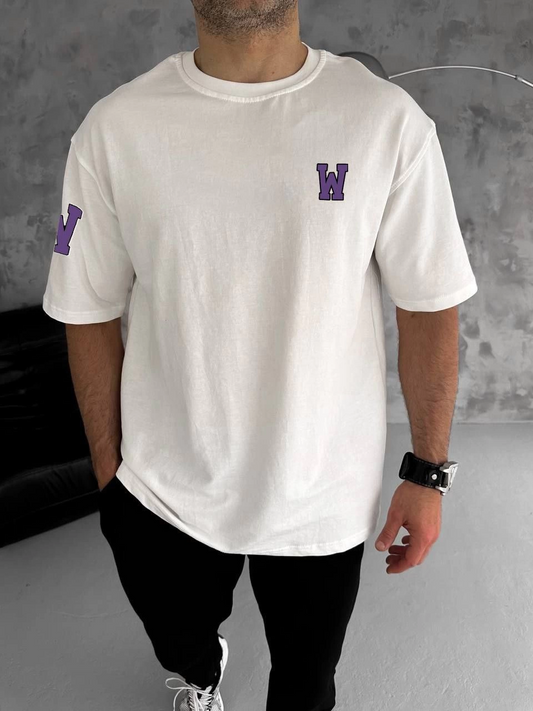ASSEMA Erkek  Bisiklet Yaka Baskılı Oversize T-Shirt - Beyaz