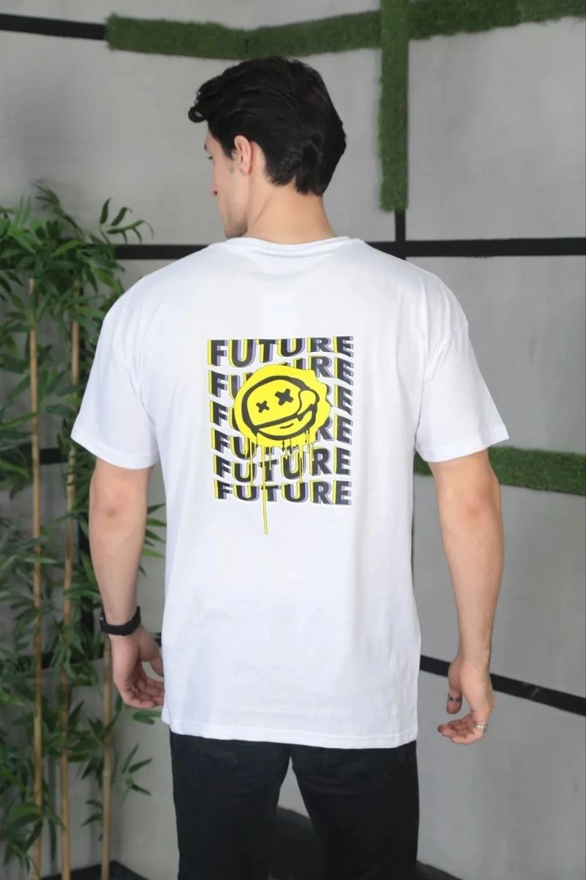 ASSEMA ERKEK Bisiklet Yaka Baskılı Oversize Kısa kol  T-Shirt - Beyaz