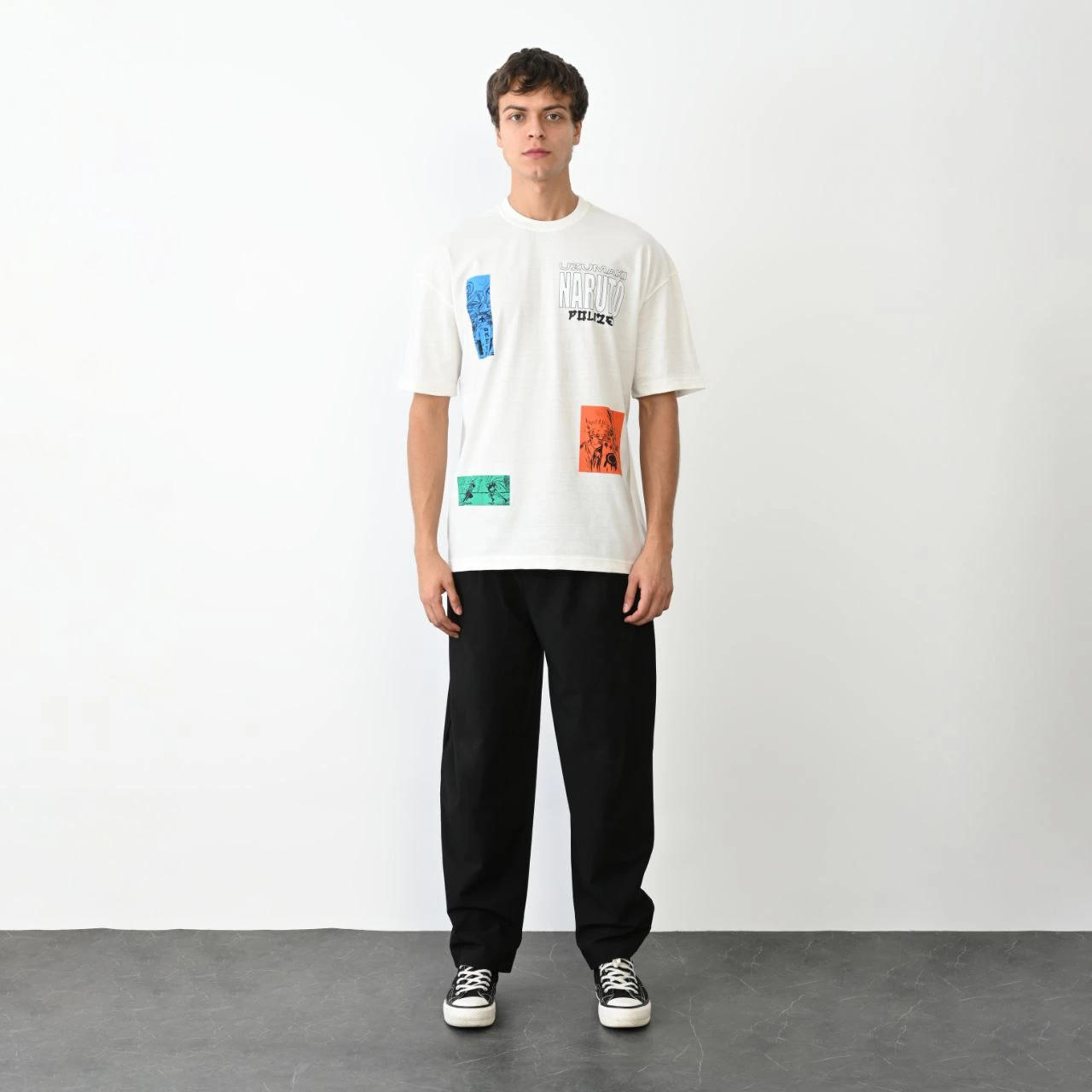 ASSEMA Erkek Bisiklet Yaka Baskılı Oversize  Kısa kol T-Shirt - Beyaz