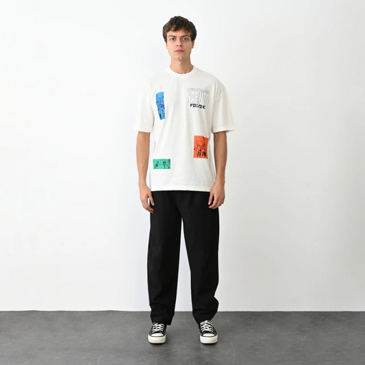 ASSEMA Erkek Bisiklet Yaka Baskılı Oversize  Kısa kol T-Shirt - Beyaz