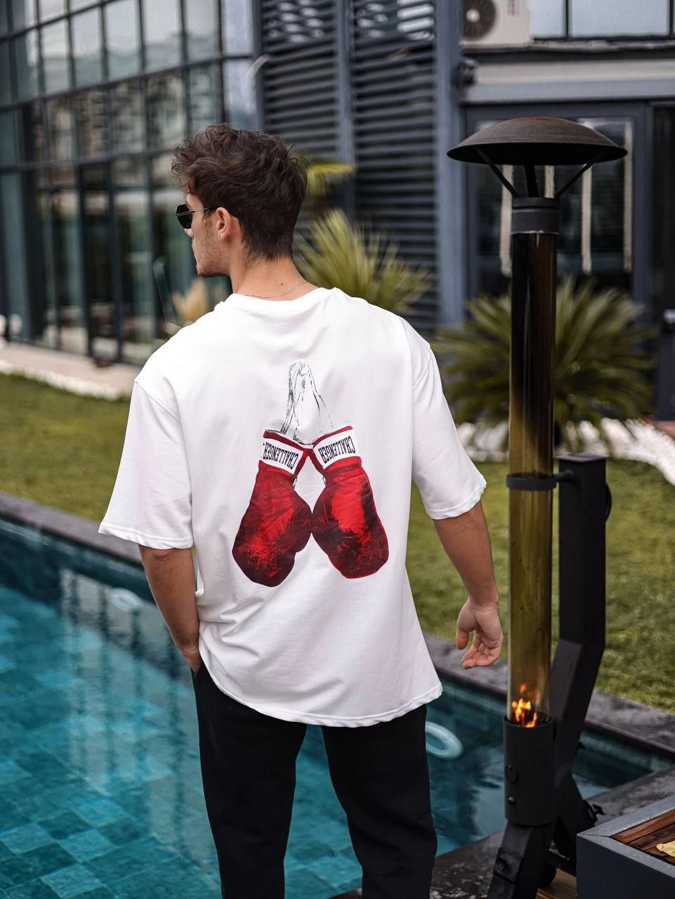 ASSEMA Erkek Bisiklet Yaka Baskılı Oversize T-Shirt - Beyaz