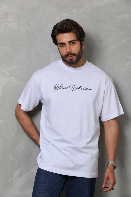 ASSEMA Unisex Bisiklet Yaka Baskılı Oversize T-Shirt - Beyaz