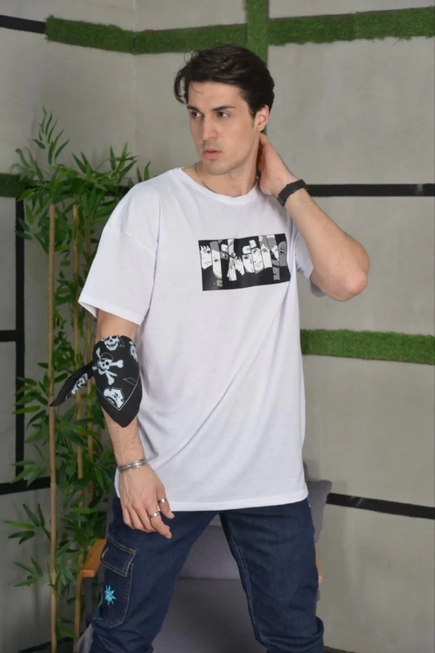 ASSEMA ERKEK Bisiklet Yaka Baskılı Kısa kol  Oversize T-Shirt - Beyaz