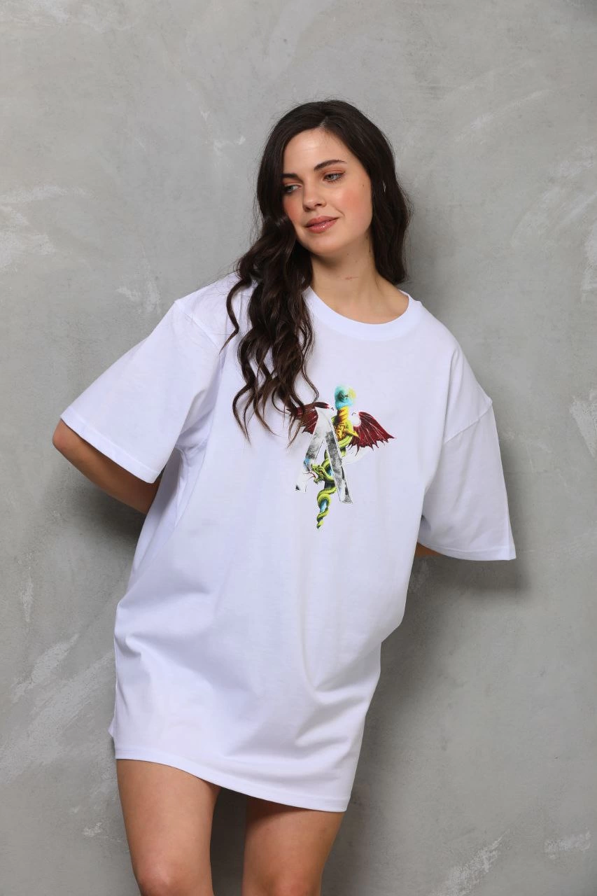 ASSEMA Unisex Bisiklet Yaka Baskılı Oversize T-Shirt - Beyaz
