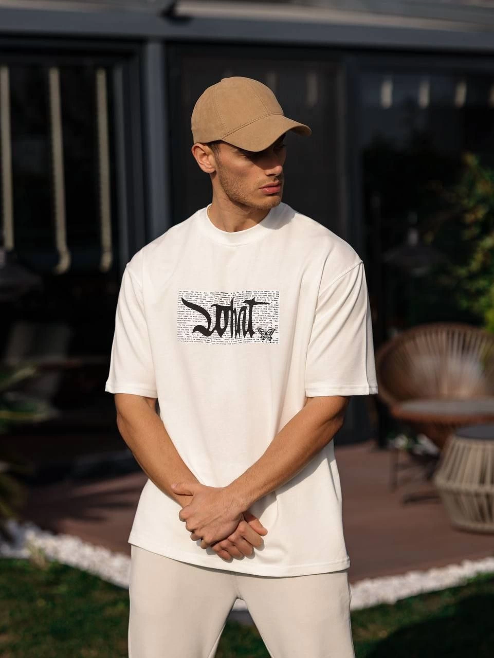 ASSEMA ERKEK Bisiklet Yaka Baskılı Oversize T-Shirt - Beyaz