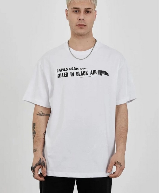 ASSEMA Erkek  Bisiklet Yaka Baskılı Oversize T-Shirt - Beyaz