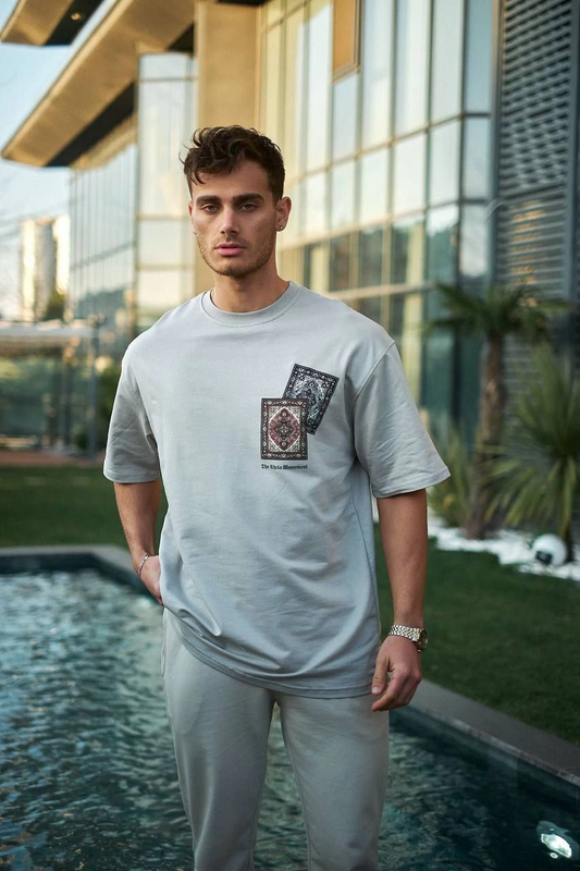 ASSEMA ERKEK Bisiklet Yaka kilim Baskılı  Kısa kol Oversize T-Shirt - Boyalı Gri
