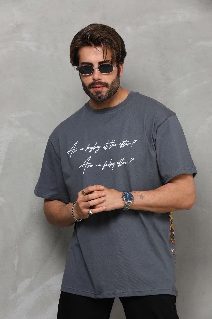 ASSEMA Erkek Bisiklet Yaka Baskılı Oversize T-Shirt - Füme