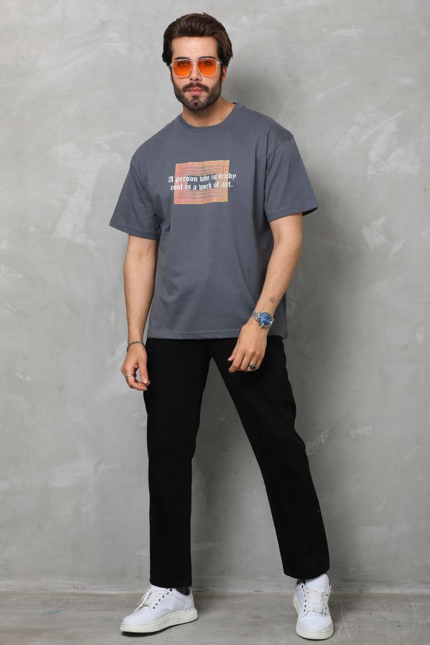 ASSEMA Erkek Baskılı T-Shirt Kısa Kol Bisiklet Yaka Regular Fit Rahat Kalıp Tişört -  Füme